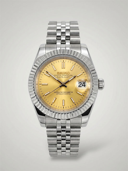 Champagne Datejust mod, silver jubilee gold dial Seiko mod